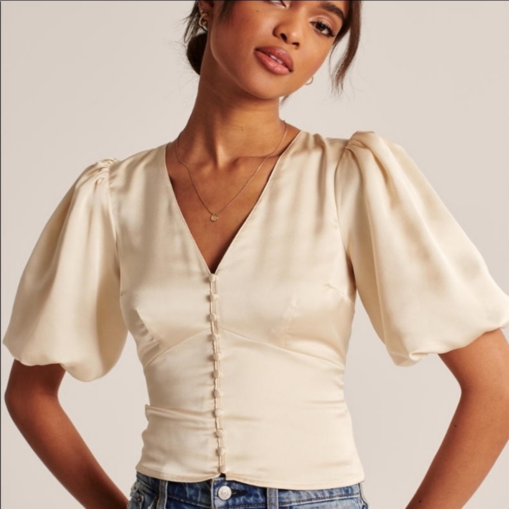 ABERCROMBIE & FITCH Cream Silky Puff Sleeved Blouse Victorian Button Front XS AF
